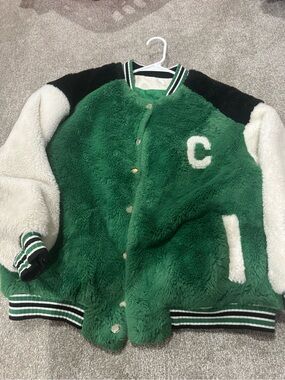 Baggy Green Sherpa Letterman Jacket with Cream Sleeves